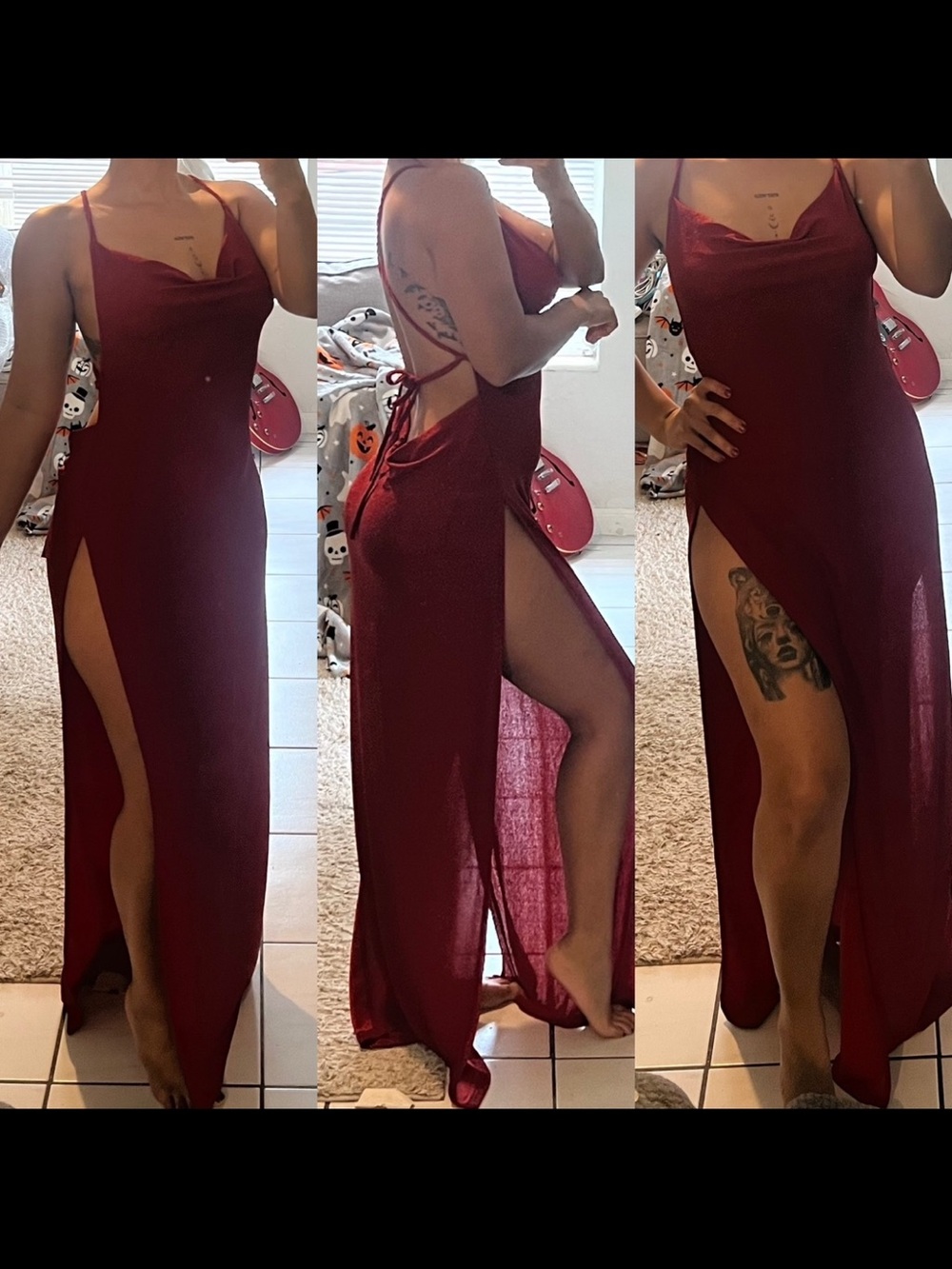 Red Cowl Neck Side-Slit Maxi Dress